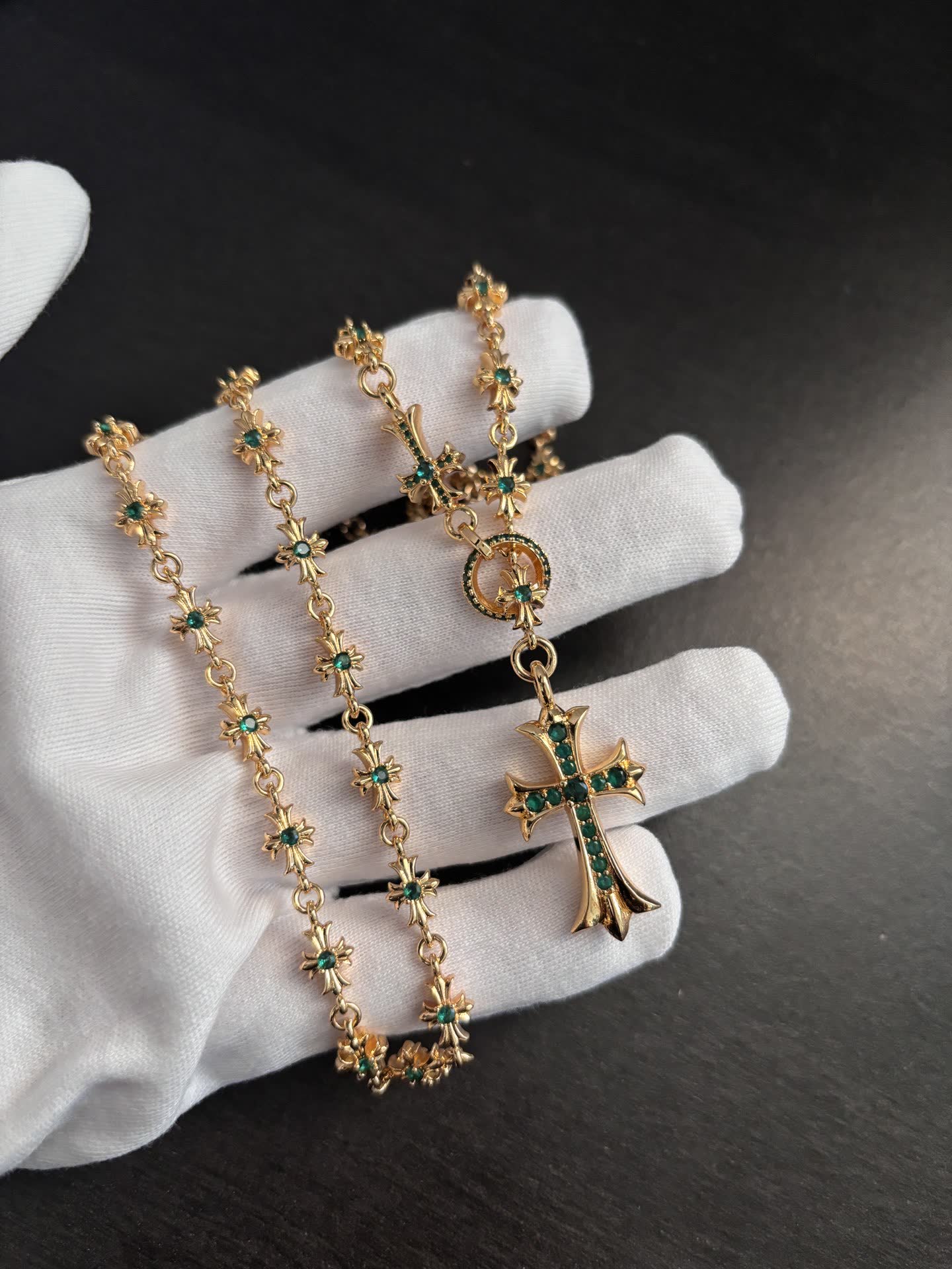 Chrome Hearts Gold Plated Rosary Necklace with Gemstone Cross